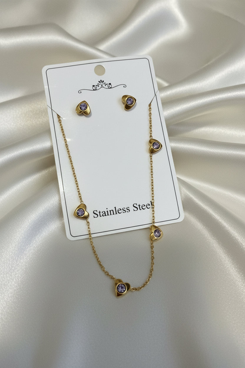 316L Edelstahl Herz Zirkon Schmuckset – Goldene Halskette & Ohrringe für Damen, süß & modern