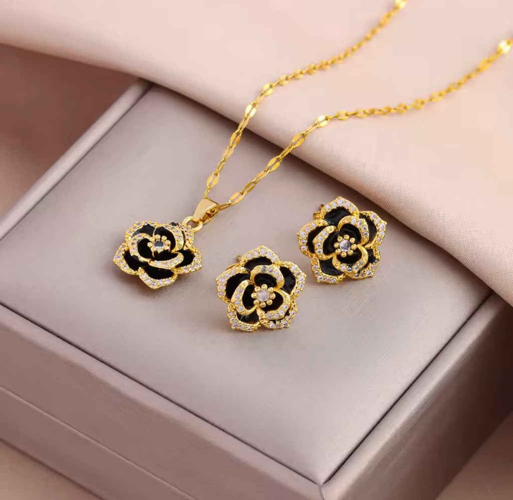 Schwarz-Gold Edelstahl Schmuckset – Elegante Halskette & Ohrringe
