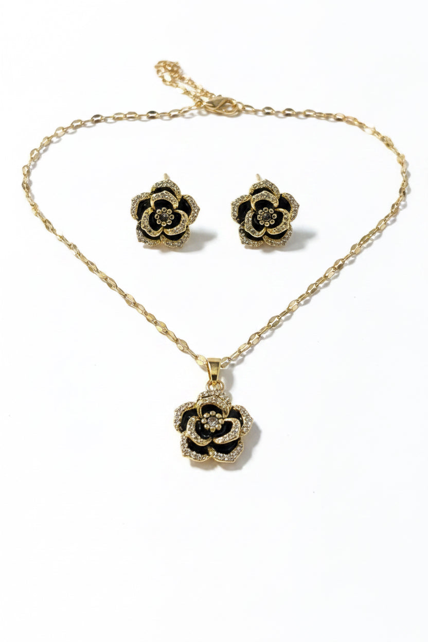 Schwarz-Gold Edelstahl Schmuckset – Elegante Halskette & Ohrringe
